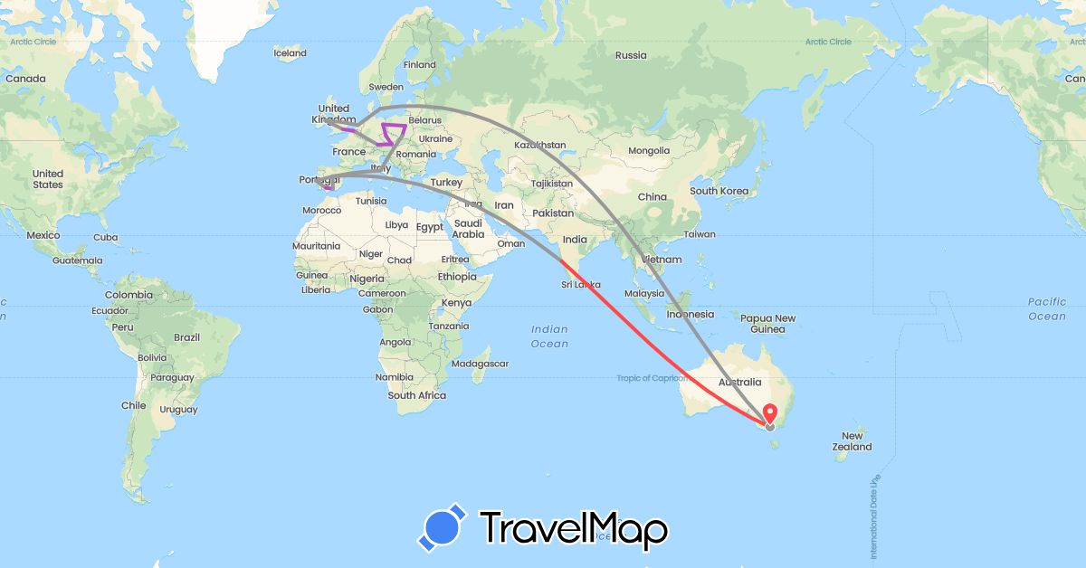 TravelMap itinerary: plane, train, hiking in Austria, Australia, Belgium, Czech Republic, Germany, Denmark, Spain, United Kingdom, Ireland, India, Italy, Netherlands, Poland, Portugal (Asia, Europe, Oceania)