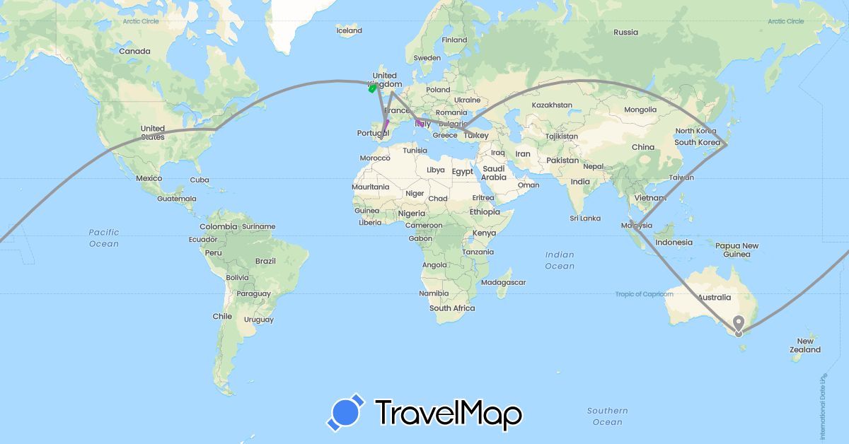 TravelMap itinerary: driving, bus, plane, train in Australia, Spain, United Kingdom, Ireland, Italy, Japan, Malaysia, Singapore, Turkey, United States (Asia, Europe, North America, Oceania)
